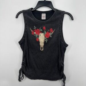 No Boundaries Skull Rose‎ Tank Top Size L 11/13 Ribbed Drawstring Sides Y2K